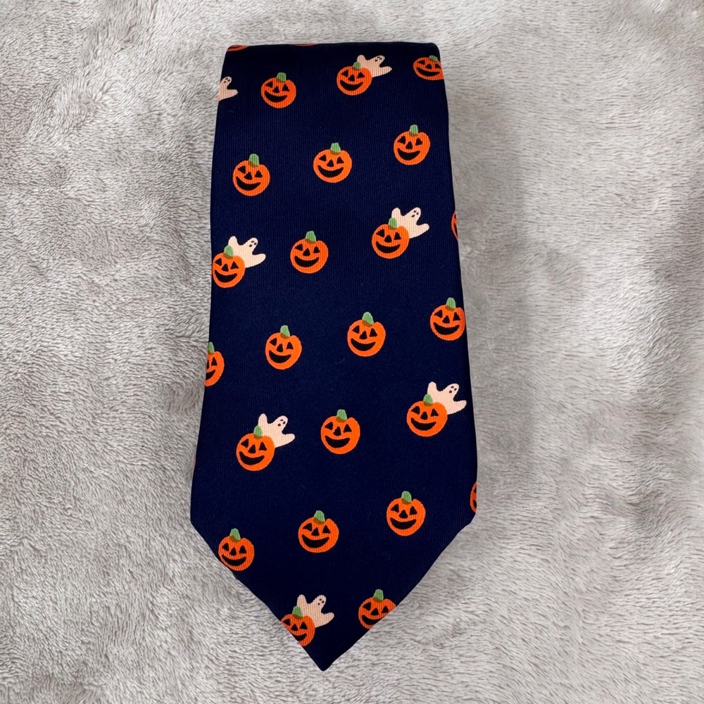 Lillian Vernon Mens Halloween Tie Navy Blue Silk Pumpkin Ghost Vintage 1988
